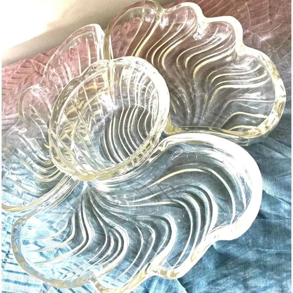 Vintage Glass Chip & Dip Serving Set 5 Pc Clear Swirl Party Platter